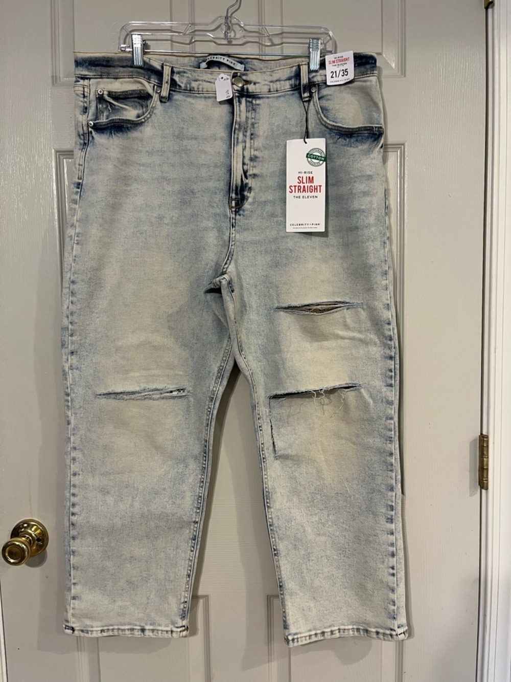 Celebrity Pink Slim Straight Light Blue Distressed Jeans Size 21/35 Upcycled NWT
